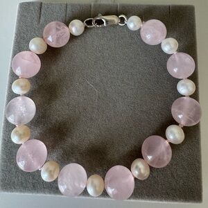 Gorgeous Rose Quartz and Pearl Bead Bracelet sterling silver .925